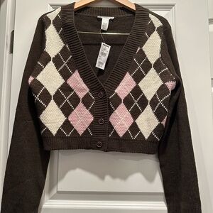 Full Tilt Brown Pink Cream Argyle Cropped V-Neck Cardigan